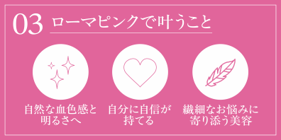 03 ローマピンクで叶うこと 自然な血色感と明るさへ 自分に自信が持てる 繊細なお悩みに寄り添う美容